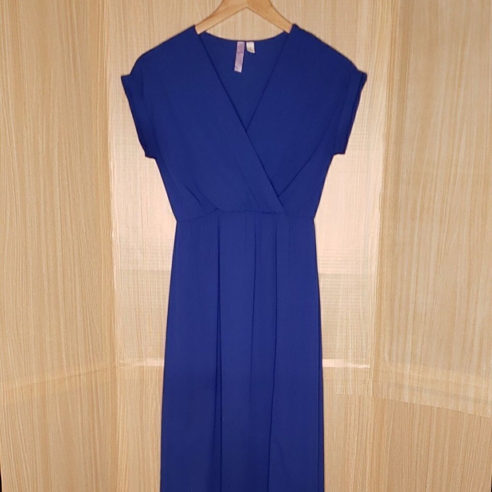 Alya Womens Blue Faux Wrap Short Sleeve Maxi Dress Small